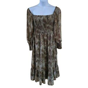 Animal Print Long Sleeve Smocked Midi Ruffle Hem milk maid cottagecore peasant